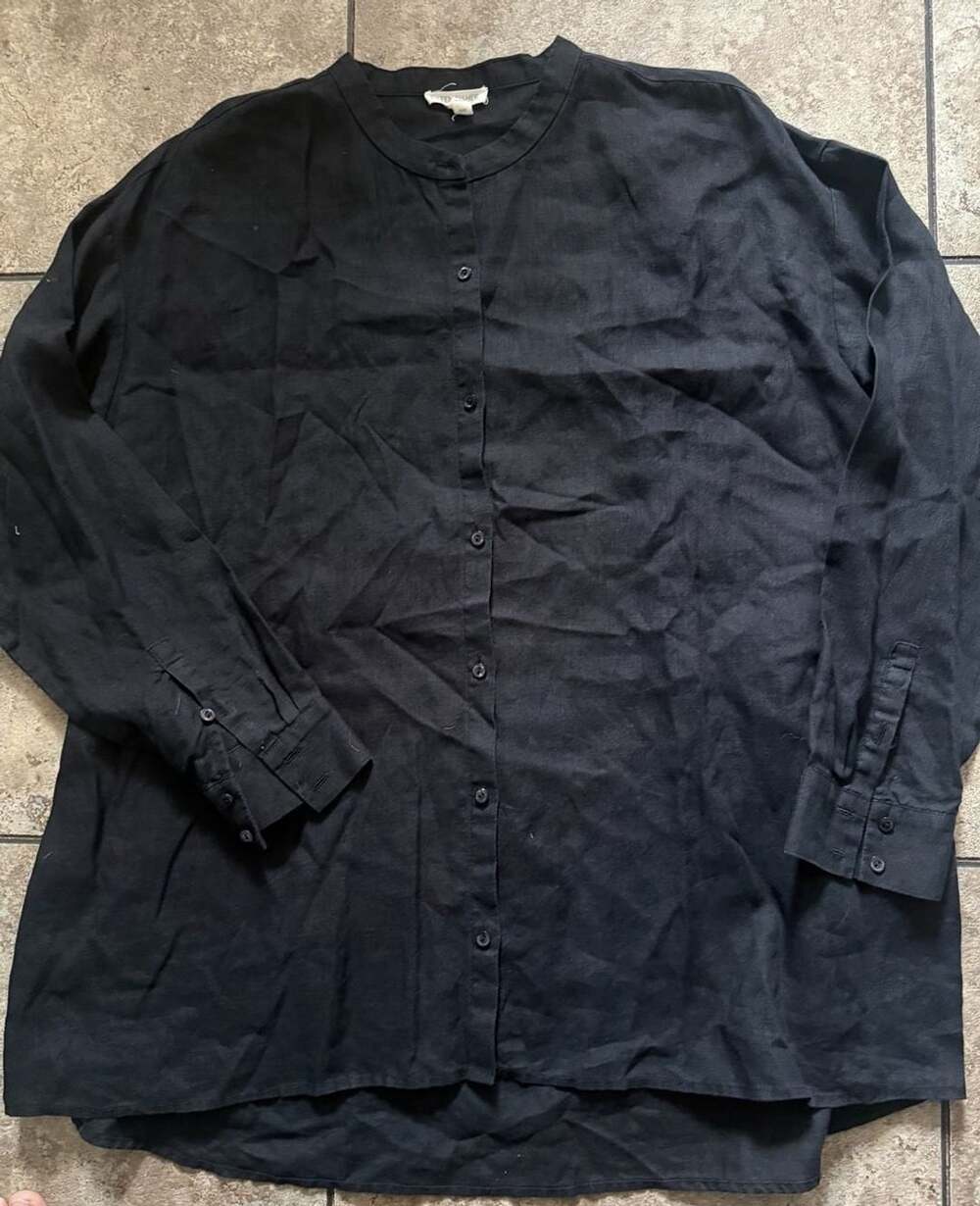 Eileen Fisher Black Organic Linen Banded Collar Button-Down Shirt Size M